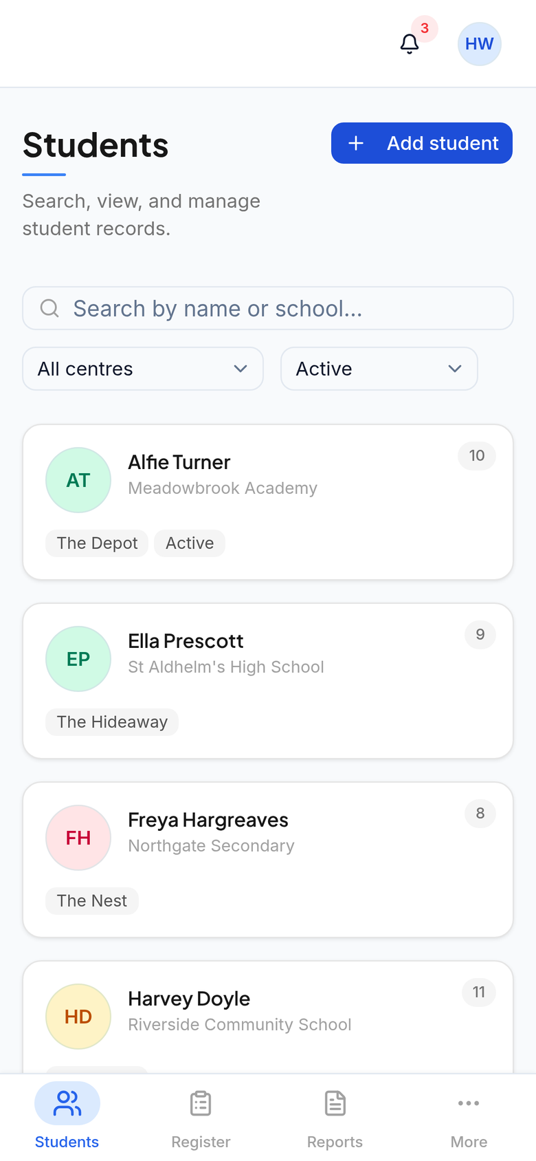 Discovery Education Centre: the student list on a phone